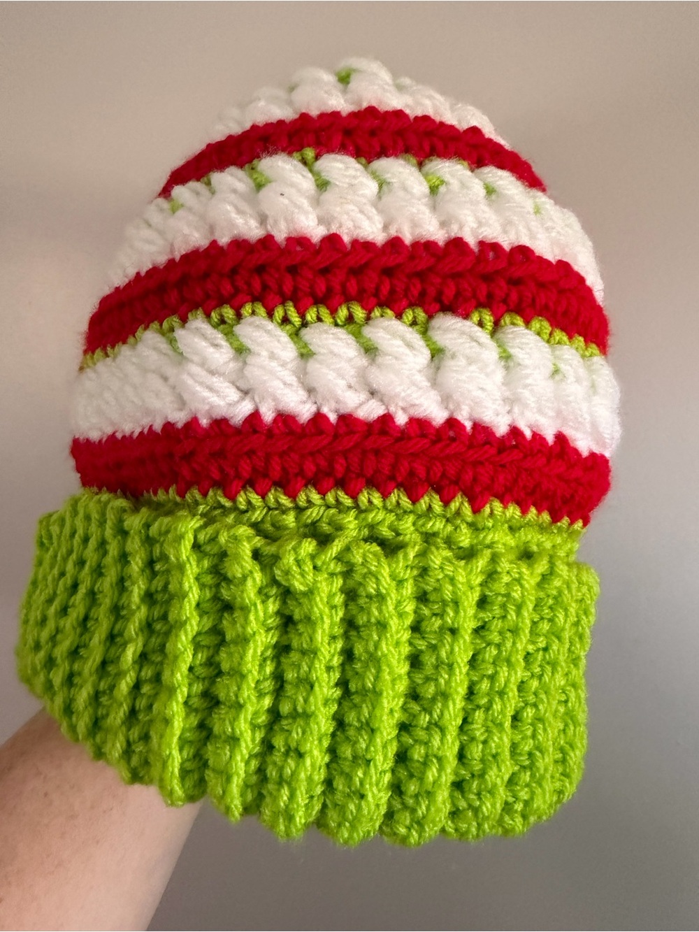 Handmade Adult Crochet Beanie - Lime Green, Red & White (Grinch Beanie)
